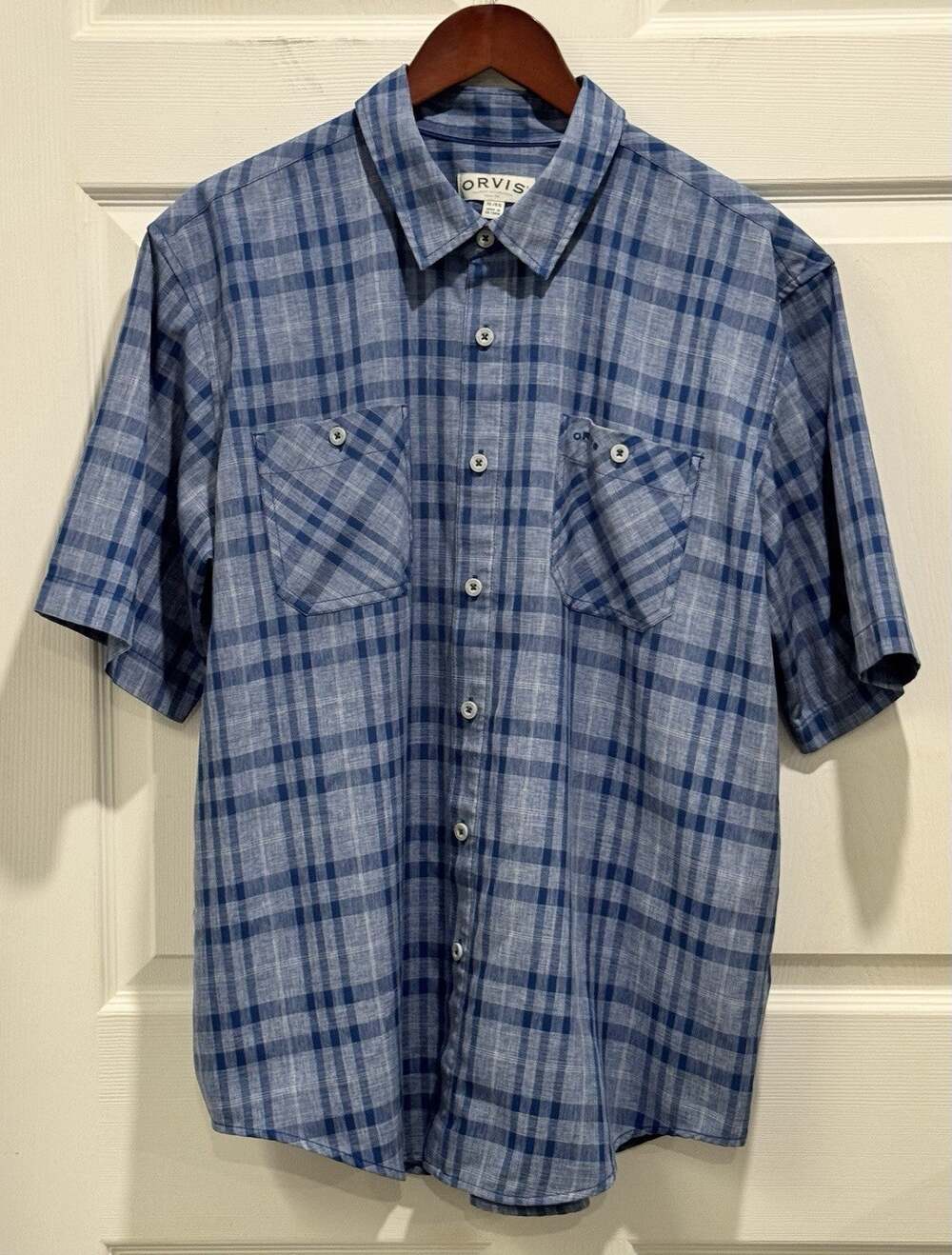 Orvis Mens XL Blue Plaid Short Sleeve Button Down Outdoor Shirt